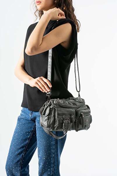 571 Collections Çanta Πλυμένη δερμάτινη τσάντα ώμου με πολλές τσέπες, γκρι Μο...