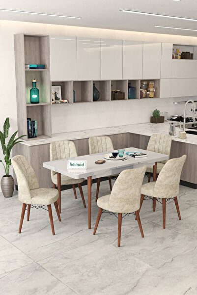 HELMOD 6 Kişilik Açılır Masa Sandalye Takımı Mutfak Masası Takımı Salon Masas...