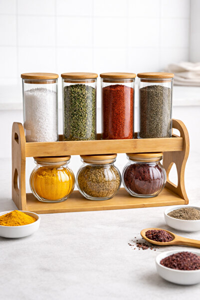 NOKKA Set of 7 Glass Jars with Bamboo Stands – Spice Rack Storage Set with Li...