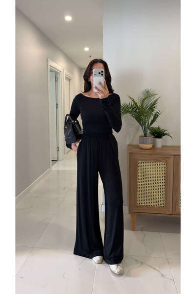 BİRCANÇİL Set de pantaloni și bluză neagră Lizya cu decolteu bărcuță, din modal