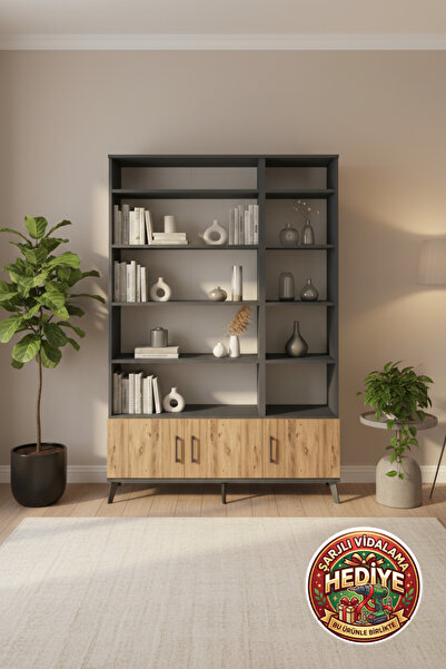 mobihobi Silva Dolap 10 Raflı 3 Kapaklı 132x30x195 Antrasit-Çam: Şıklık ve Fo...