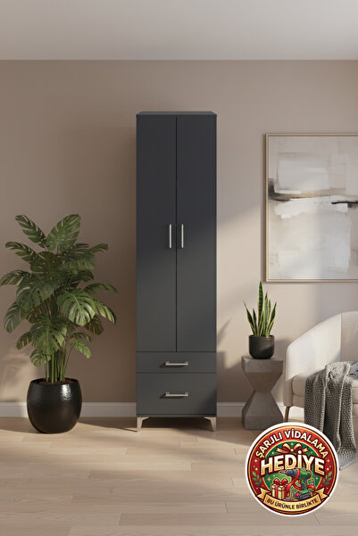 mobihobi Luna 5 Raflı 2 Çekmeceli 2 Kapaklı Dolap - 60x44x243 cm Antrasit