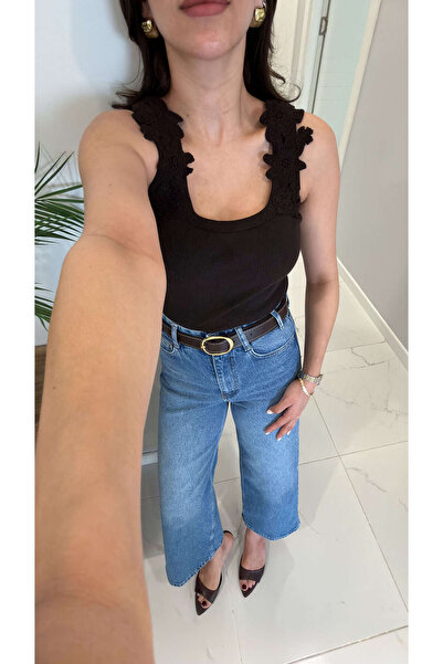 BİRCANÇİL Vinlod Brown Lace Shoulder Tank Top