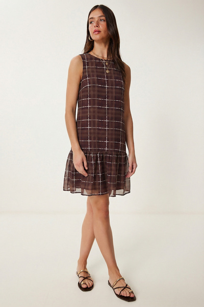 Lovelyİstanbul Καρό Φόρεμα Σιφόν με Βολάν LZV0065 ΛΕΥΚΟ ΔΑΜΑΣΚΗΝΟ