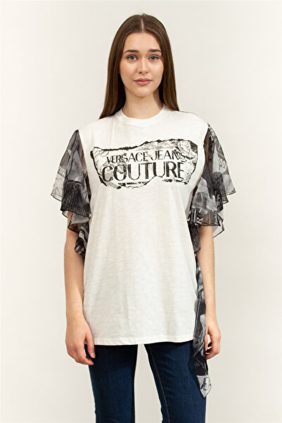 VERSACE JEANS COUTURE Yuvarlak Yaka Baskılı Beyaz Kadın T-Shirt 76HAHE03