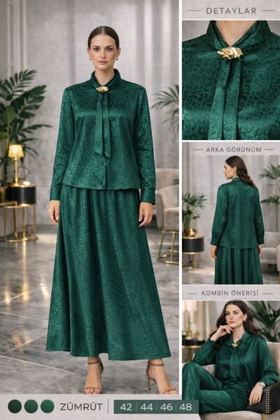 moda paketi Σετ με σατέν φούστα και γιακά φουλάρι – Κομψός συνδυασμός ενδυμάτ...