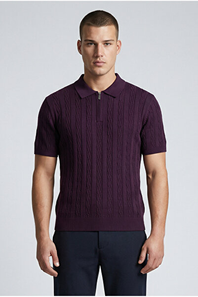 MODASPARK Plum Polo Collar Half Zipper Men's T-Shirt