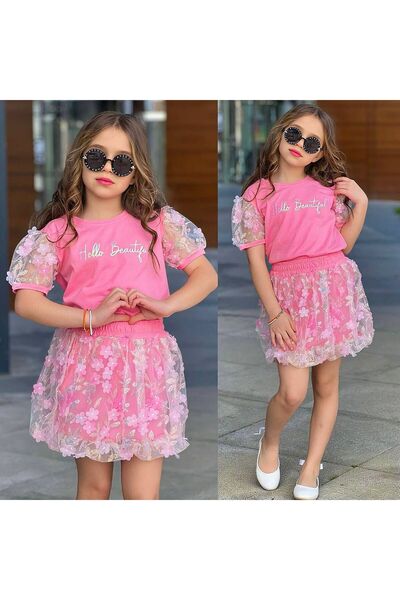 ARBİ kids Costum elegant pentru fetițe, cu fustă cu aplicații florale roz, pe...