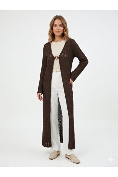 Puella HRK0012 Γυναικεία καφέ πλεκτή ζακέτα με διάτρητη πλέξη και λεπτομερή α...