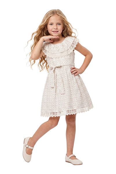 LADYGOLD KIDS Kız Çocuk Dantel Detaylı Kemerli Şık Yazlık Elbise 6-9 Yaş