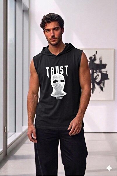 NO 601 Men's Black Hooded Sleeveless Trust Printed Tank Top Tshirt