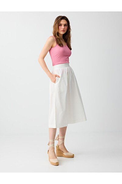 Jimmy Key Ανοιχτό λευκό 100% βαμβακερή φούστα μίντι με κανονική μέση και άνετ...