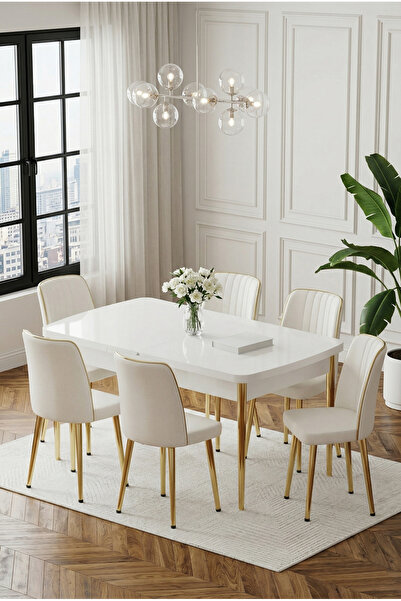 DEREN HOME Ada Gold Serisi 80x132 Açılabilir Masa +6 Adet Silinebilir Sandaly...