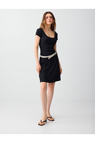 Jimmy Key Μαύρο πλεκτό μίνι φόρεμα με κοντό μανίκι και λαιμόκοψη U