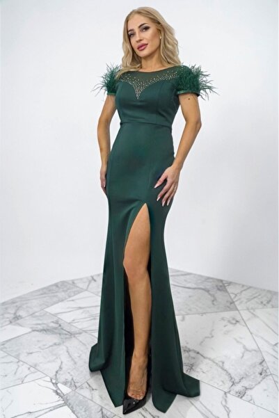 FashionForYou Rochie lunga eleganta Clarimond tip sirena cu cristale, pene si...