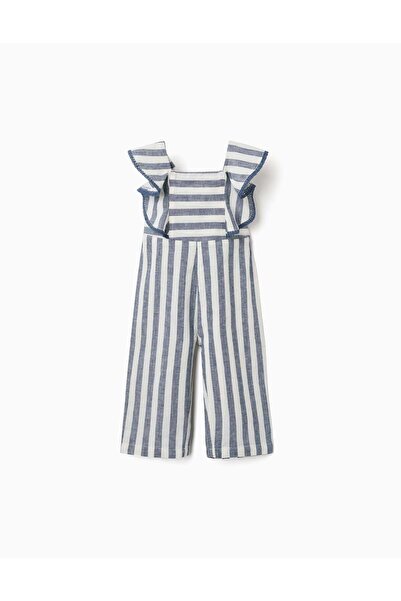 Ziddy جمبسوت مخطط من القطن والكتان من You&Me للفتيات الصغيرات، أبيض/أزرق