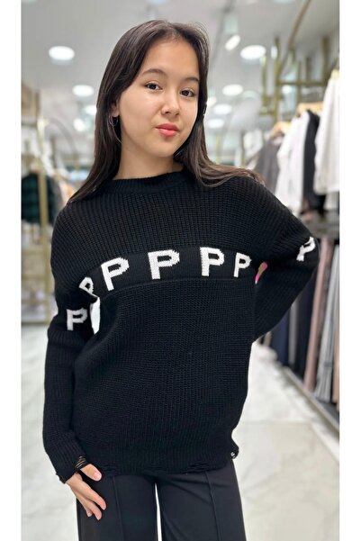 Minimoda Kids Devojčin rupičasti pulover sa detaljnim P uzorkom