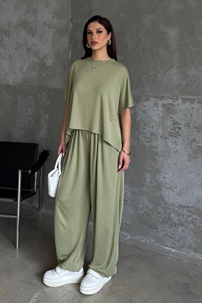 BEJNA Γυναικείο Σετ Παντελόνι Σαλβάρ Πράσινο Καγκλά με Υφή Modal και Τοπ με Υφή
