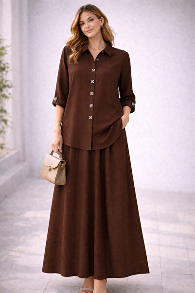 moda paketi Σετ πουκάμισο-φούστα με φυσική υφή και λινή εμφάνιση – Συνδυασμός...