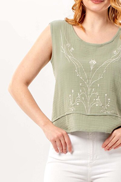 Eliş Şile Bezi Αμάνικη μπλούζα Cunda με λαιμόκοψη ποδηλάτου, καλοκαιρινή κεντ...