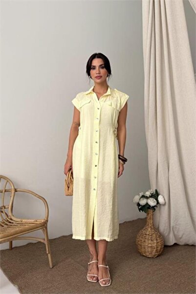 Neşeli Butik Γυναικείο κίτρινο φόρεμα πουκάμισο με λεπτομέρεια στη μέση, μήκο...