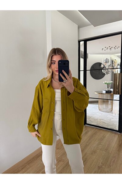 CKBUTİK Yağ Yeşili Düşük Omuzlu Oversize Tensel Gömlek-4612