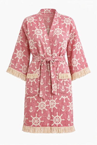 Uçkan home Μπουρνούζι - Ροζ - Κεντημένο-Ενθετημένο