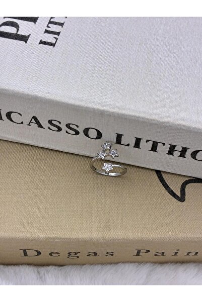 Hedef Bijuteri Silver Color Zircon Stone Four Star Adjustable Brass Ring T2