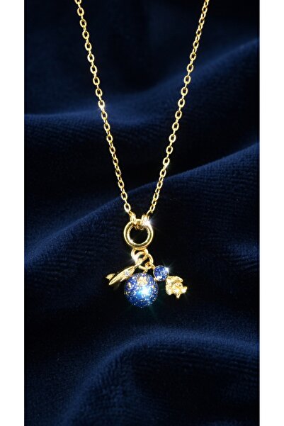 stainless steell Mavi Küre Uçak ve Yaprak Charm Kolye