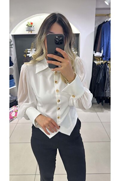 HandeButik KADIN GOLD DÜĞME DETAYLI ŞİFON KOL GÖMLEK