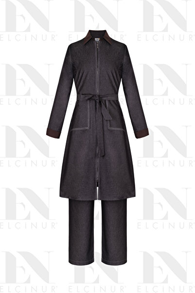 ELÇİNUR 26352 Denim Tunic Trouser Set – Modern Islamic Clothing Set with Zipp...