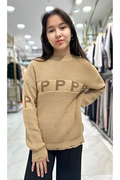 Minimoda Kids Devojčin rupičasti pulover sa detaljnim P uzorkom