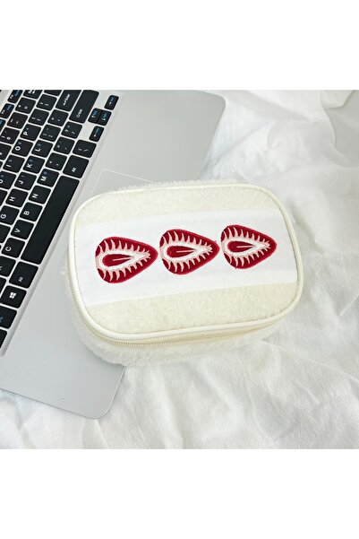 Choice Beige 1Pc Strawberry Embroidery Makeup Bag with Checkered Lining Porta...