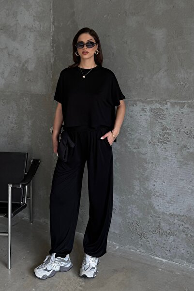 BEJNA Γυναικείο μαύρο σετ με παντελόνι shalwar και μπλούζα με υφή modal