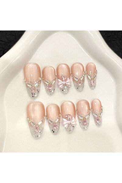 Choice7 S 10pcs Handmade Shiny Diamond Press on Nails Glitter Pink Bow Decor ...