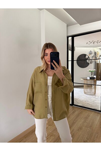 CKBUTİK Haki Düşük Omuzlu Oversize Tensel Gömlek-4612