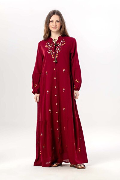 Eliş Şile Bezi فستان طويل بأكمام طويلة مطرز بالشراشيب ورباطات وياقة هاكم من ق...