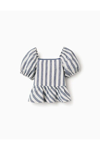 Ziddy بلوزة مخططة من الكتان مع كشكشة من You&Me للفتيات، أبيض/أزرق