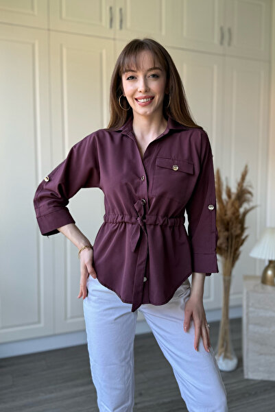 Dilay Gökoğlu Butik Πουκάμισο μπορντό με κορδόνι στη μέση και χρυσά κουμπιά