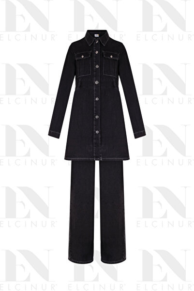 ELÇİNUR 26353 Denim Jeans Tunic Trousers Set – Modern Hijab Set with Buttoned...