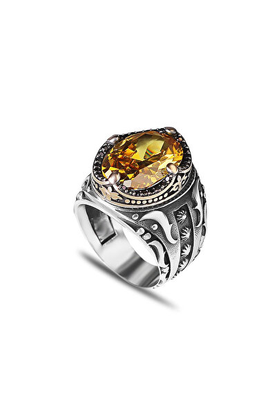Mirari Jewelry Sitrin Taşlı Oval Kesim Taş Detaylı İşlemeli Erkek Yüzük | Pre...