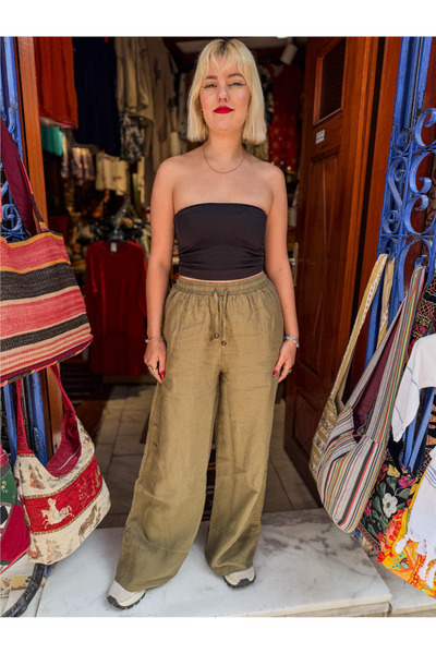 Miss Boheme Khaki Color Casual Linen Trousers with Elastic Waist