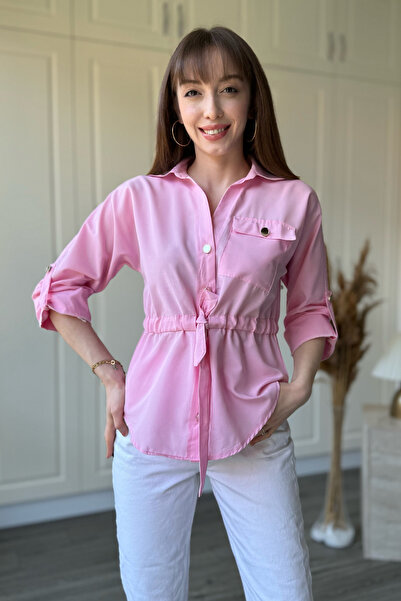 Dilay Gökoğlu Butik Ροζ πουκάμισο με κορδόνι στη μέση και χρυσά κουμπιά