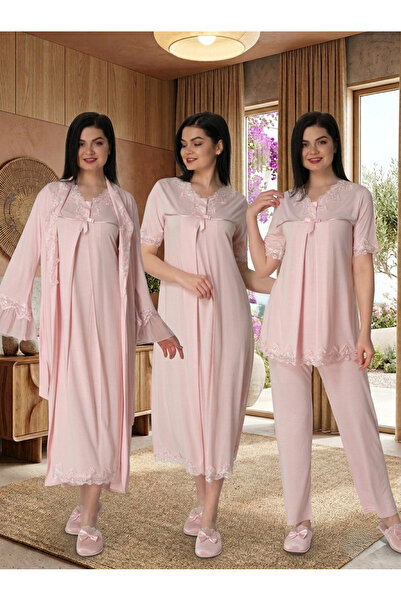 Lohusa Homewear Kadın Pembe Hamile Lohusa Yazlık Zarif Dantel Detaylı Kısa Ko...