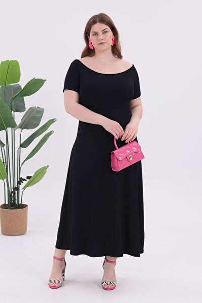 Madwilo Rochie maxi elastică, neagră, cu decolteu barcă, cu mânecă scurtă, mă...