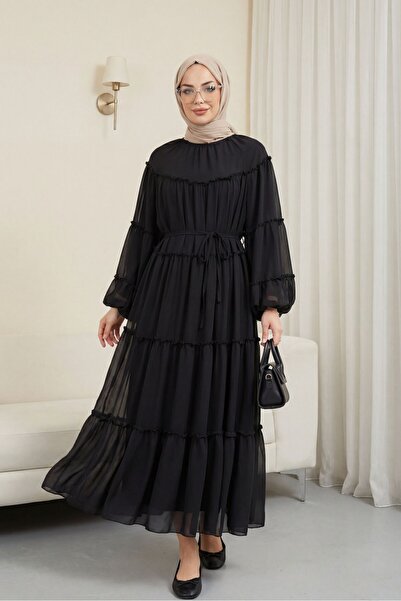 Modamorfo Φόρεμα με ελαστικό μανίκι, δέσιμο στη μέση και λεπτομέρεια με βολάν...