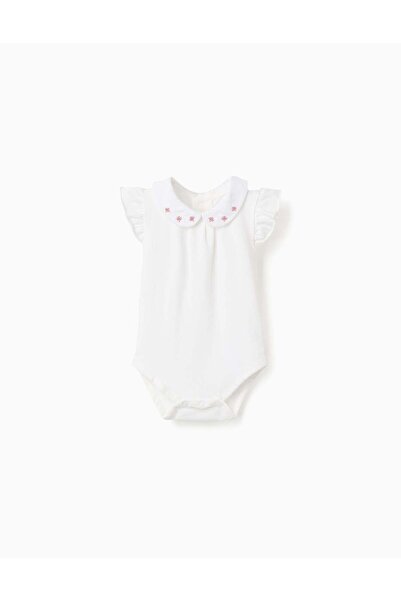 Ziddy Short Sleeve Bodysuit With Embroidered Collar For Newborn Girls, White