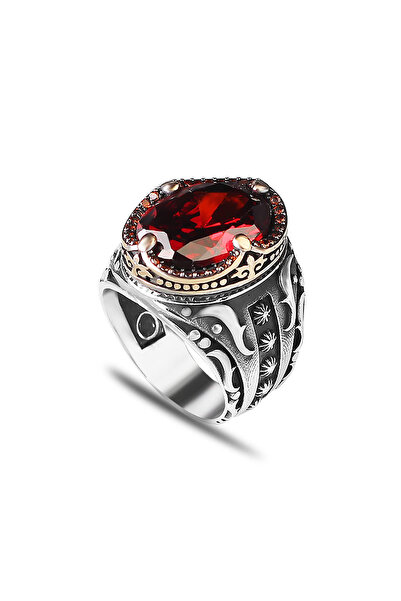 Mirari Jewelry Garnet Taşlı Oval Kesim Taş Detaylı İşlemeli Erkek Yüzük | Pre...