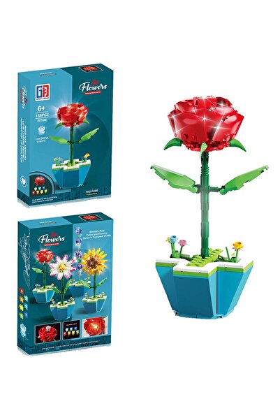 Toyska Saksılı Renkli Işıklı Blok Çiçek - Yapım Çiçek Seti-RED ROSE 138 Parça