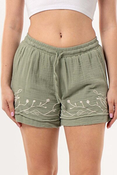 Eliş Şile Bezi Μίνι σορτς με ελαστική μέση, διπλές τσέπες, καλοκαιρινό κεντημ...